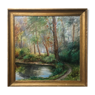 Painting "Pond in the undergrowth" HSP signed, early twentieth century with frame