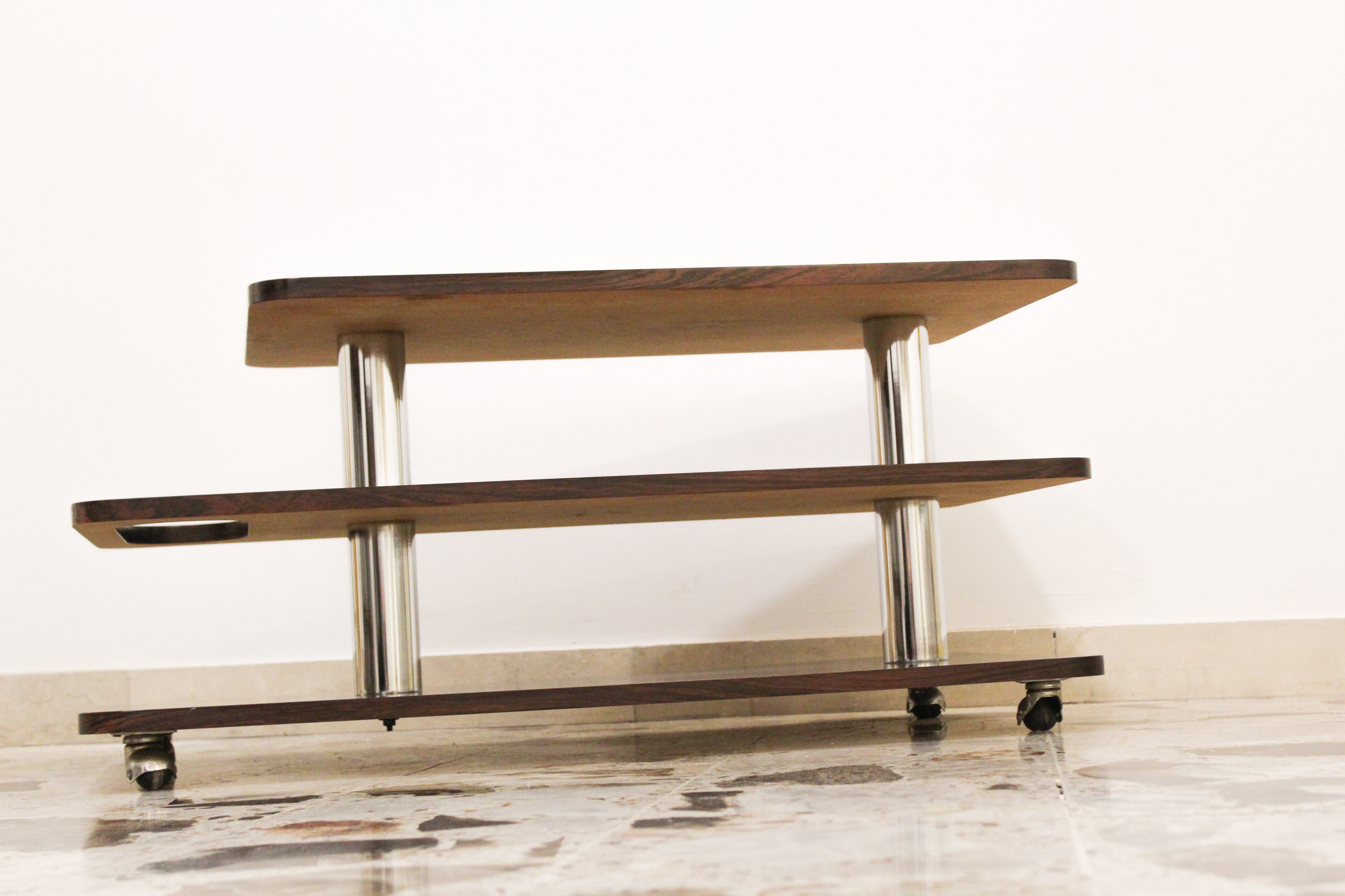 Coffee Table-Bar low laminate rosewood and chromed metal, Italy 70's