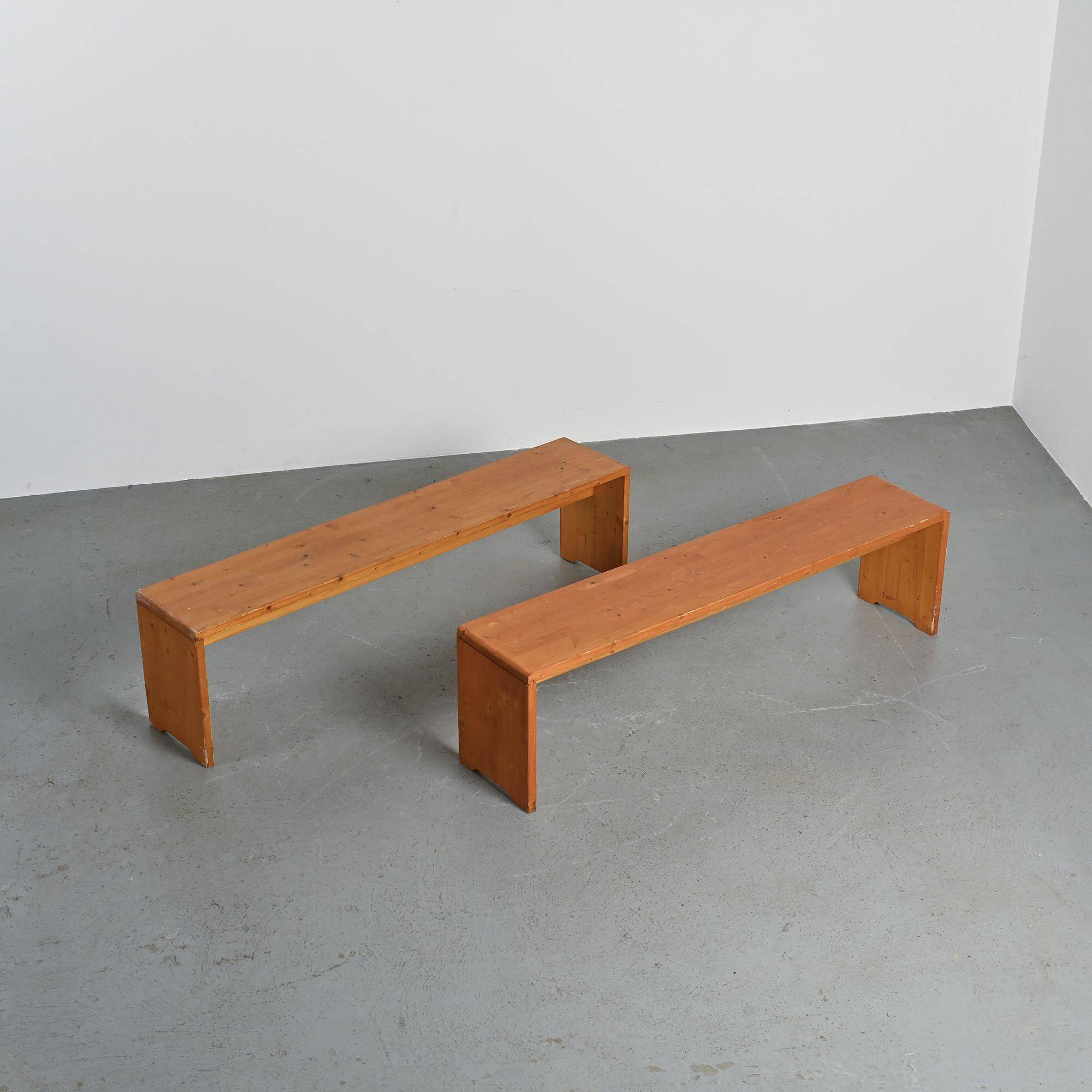 Pair of solid pine benches, France, circa 1975