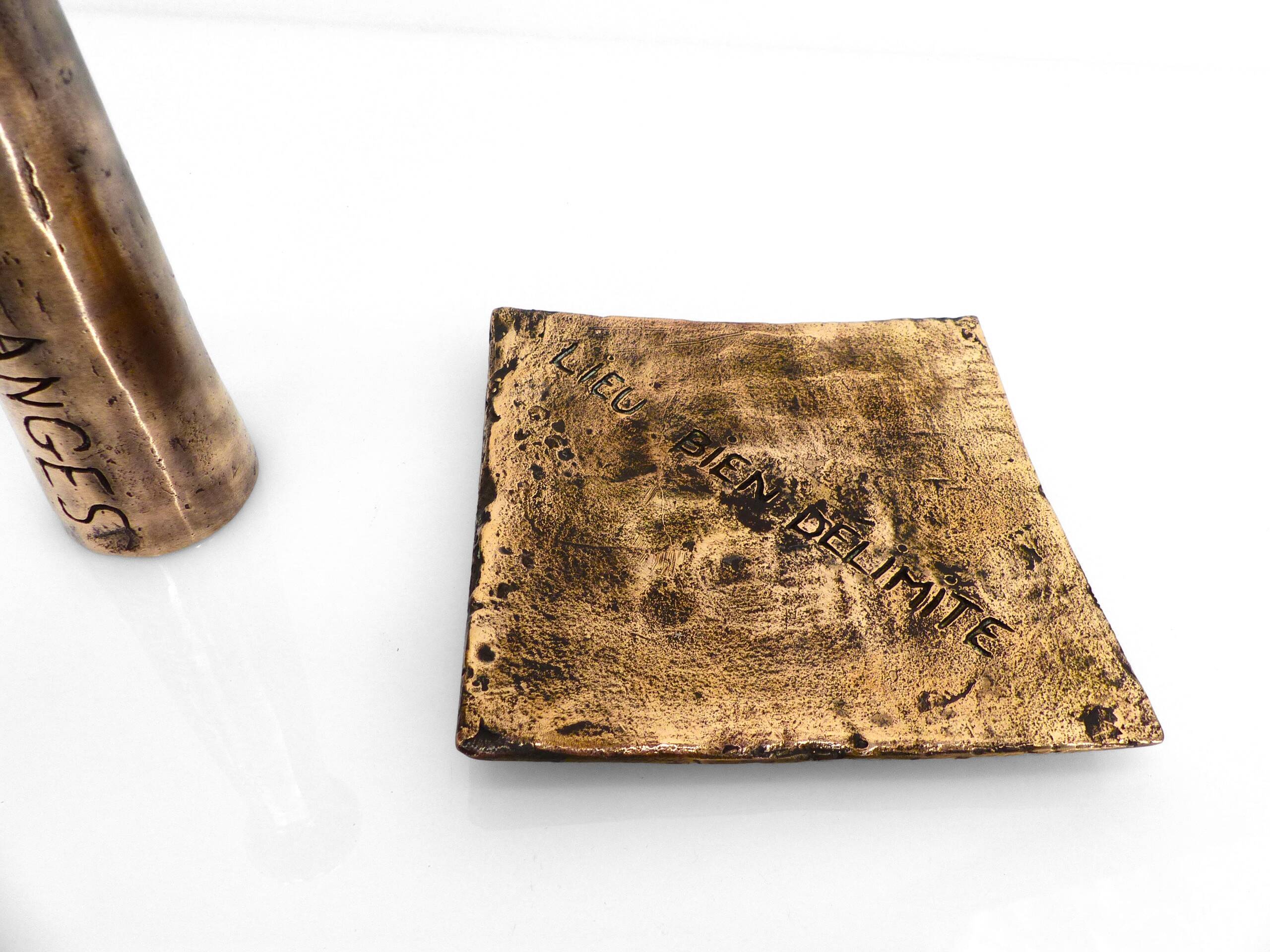 Brutalist bronze ashtray and candle holder set, France, circa 1980
