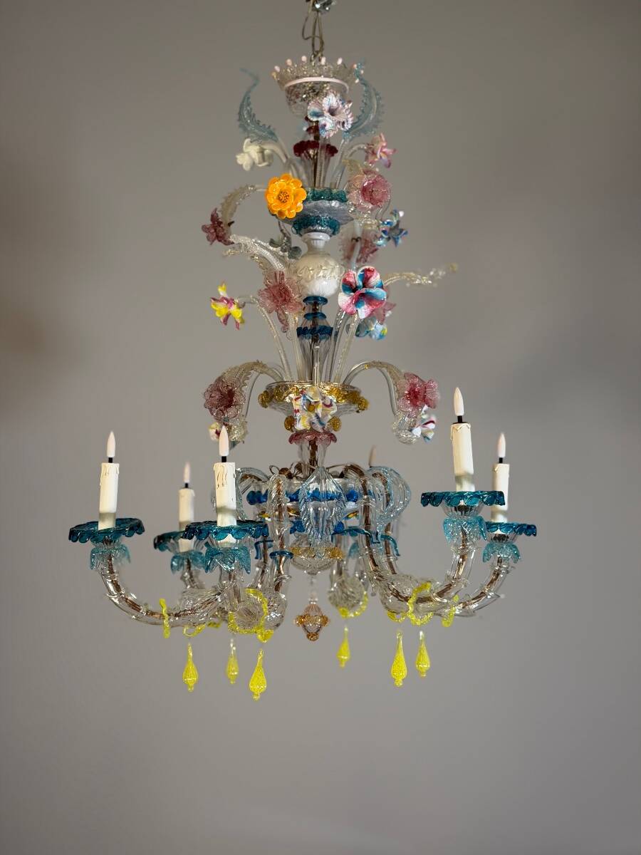 Venetian Rezzonico chandelier in multicoloured Murano glass circa 1900