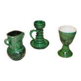 Vintage set in green glazed ceramic, Hungarian folk decor — set of 3 pieces