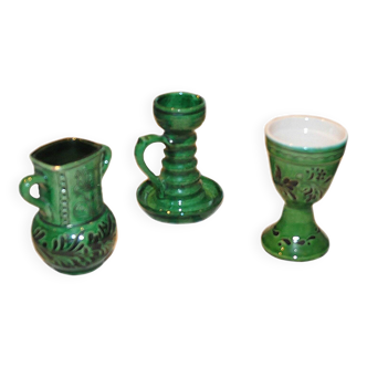 Vintage set in green glazed ceramic, Hungarian folk decor — set of 3 pieces