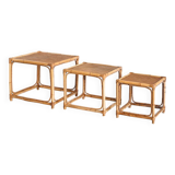 Set of three vintage nesting tables in cane. France, 1960s