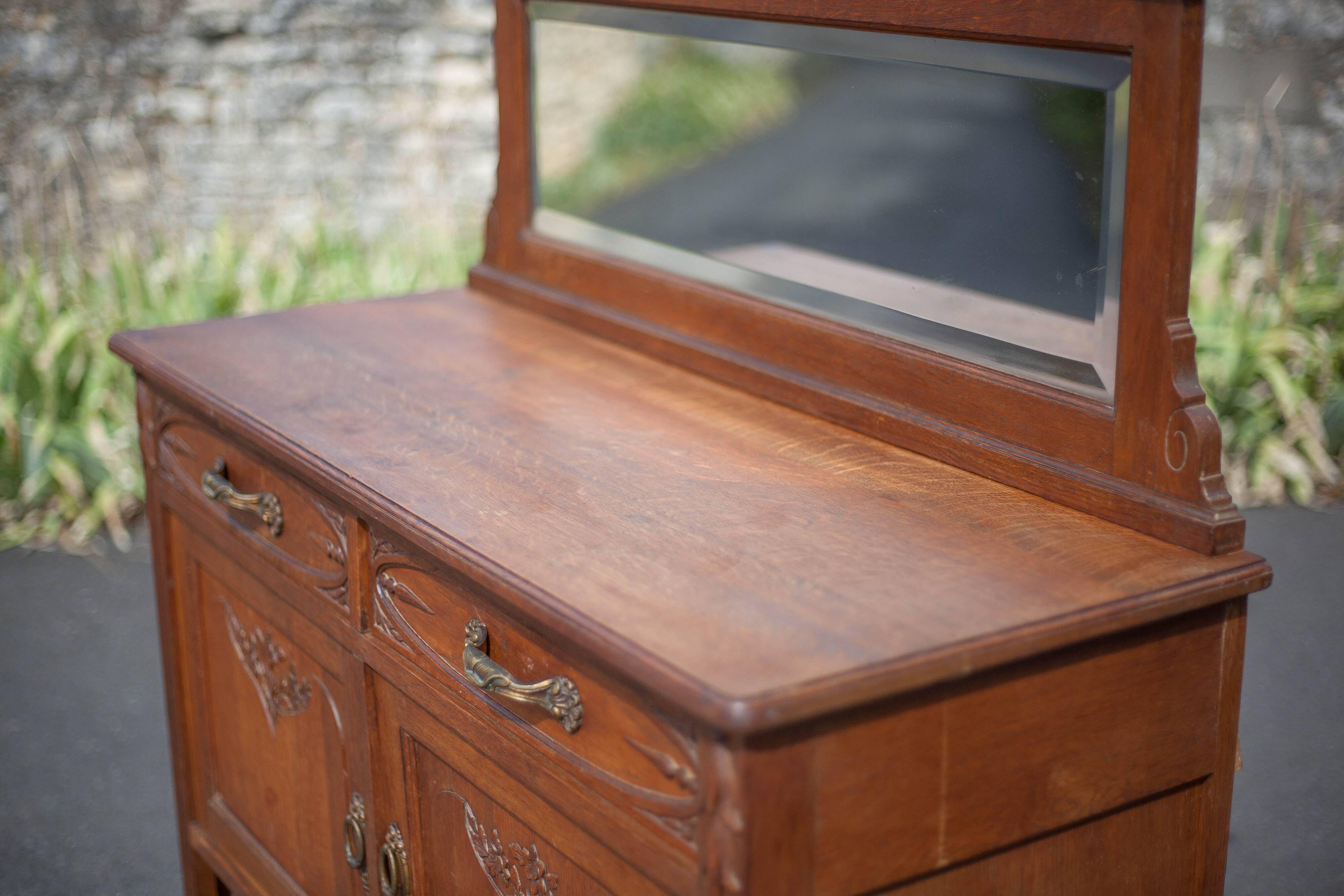 Buffet desserte bois vintage, meuble avec miroir, meuble de rangement