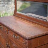 Vintage wooden serving sideboard, furniture with mirror, storage unit