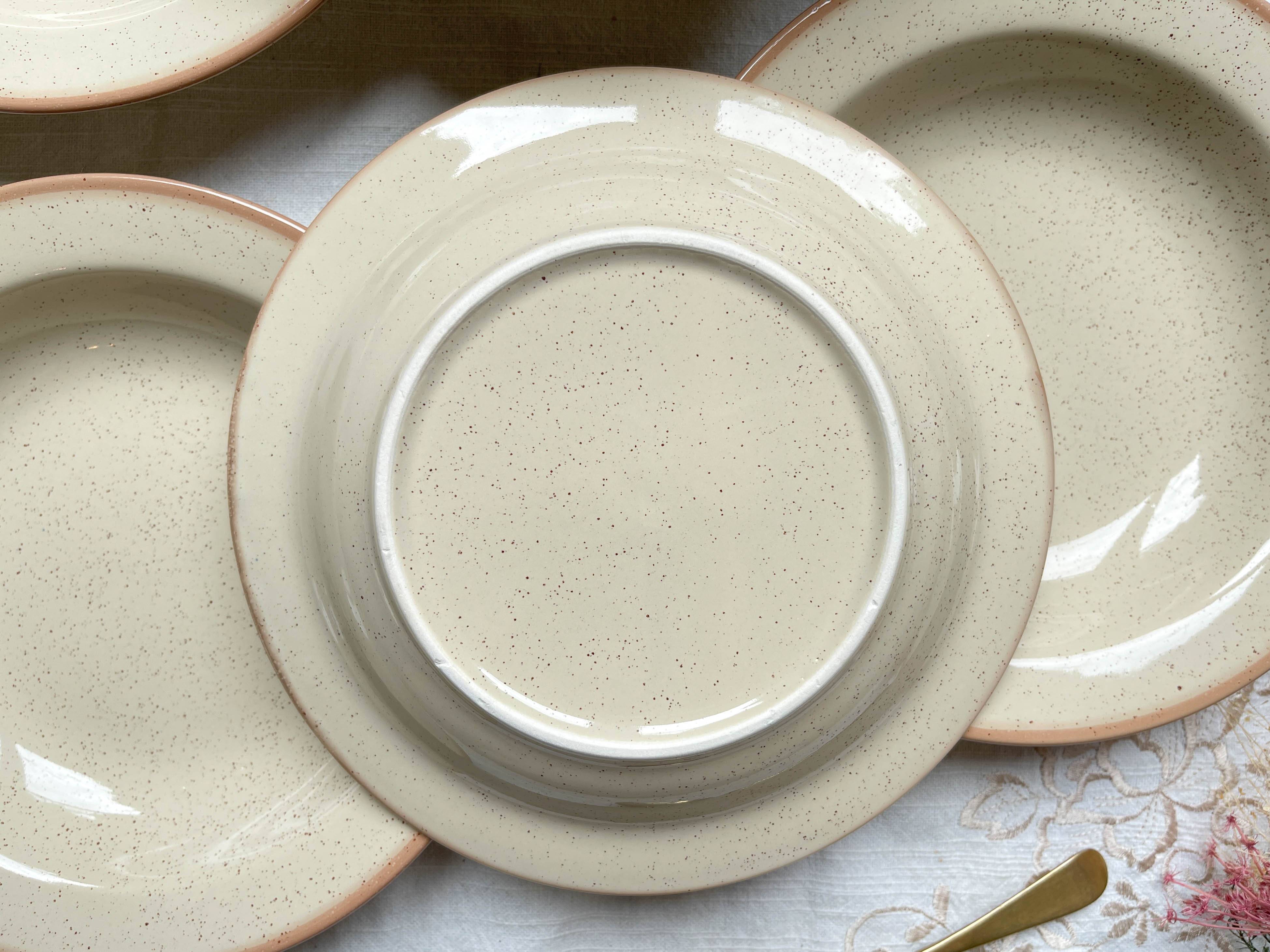 6 Deep plates in speckled beige stoneware, Tulowice style, Poland 1970