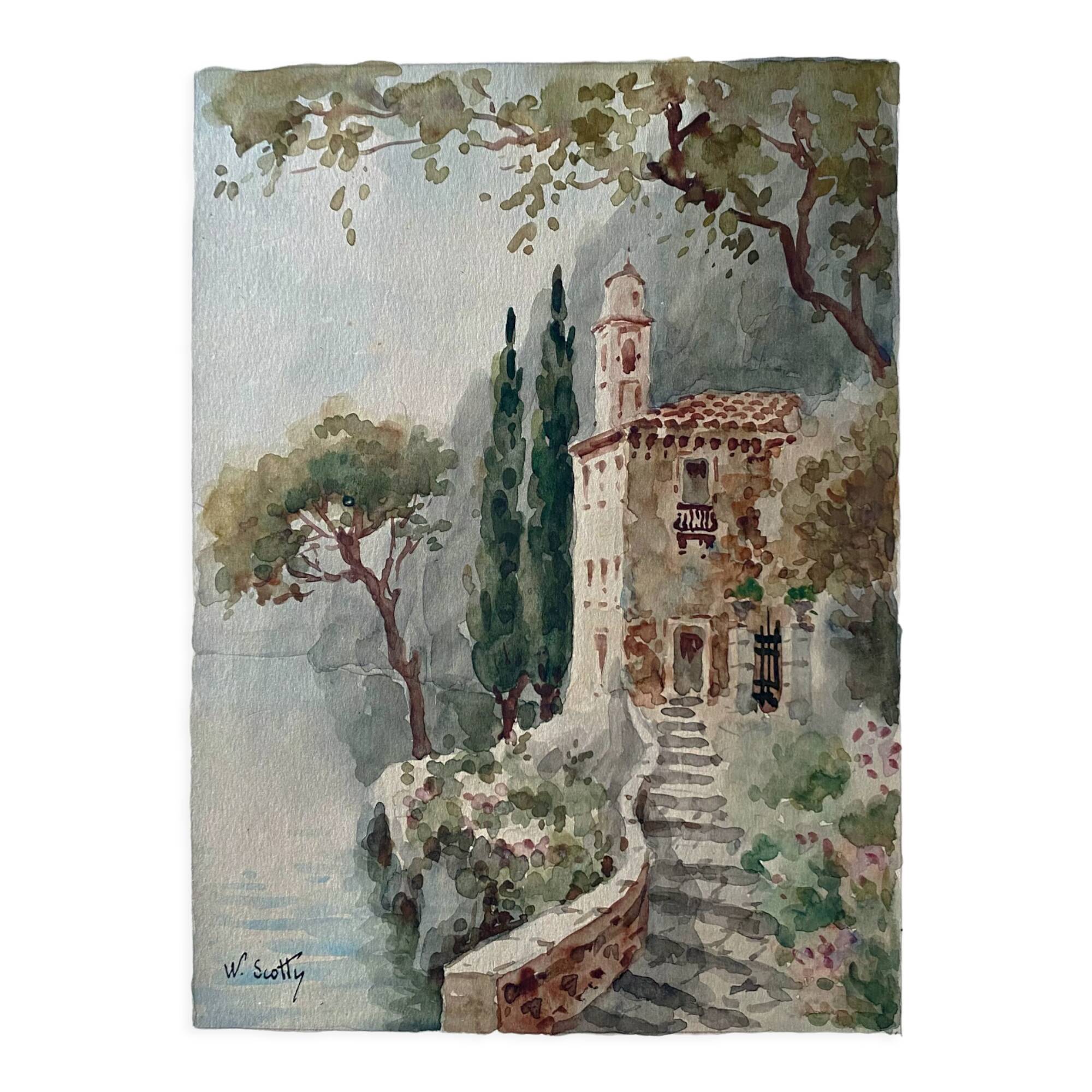 Watercolor painting "Monastery" Italy early XX ° by W. Scotty
