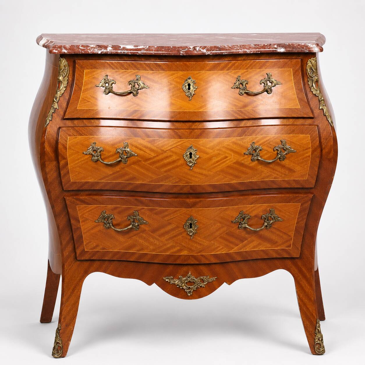 Marquetry Chest of Drawers — Mixed-Wood Veneer, Brass Mounts & Marble Top