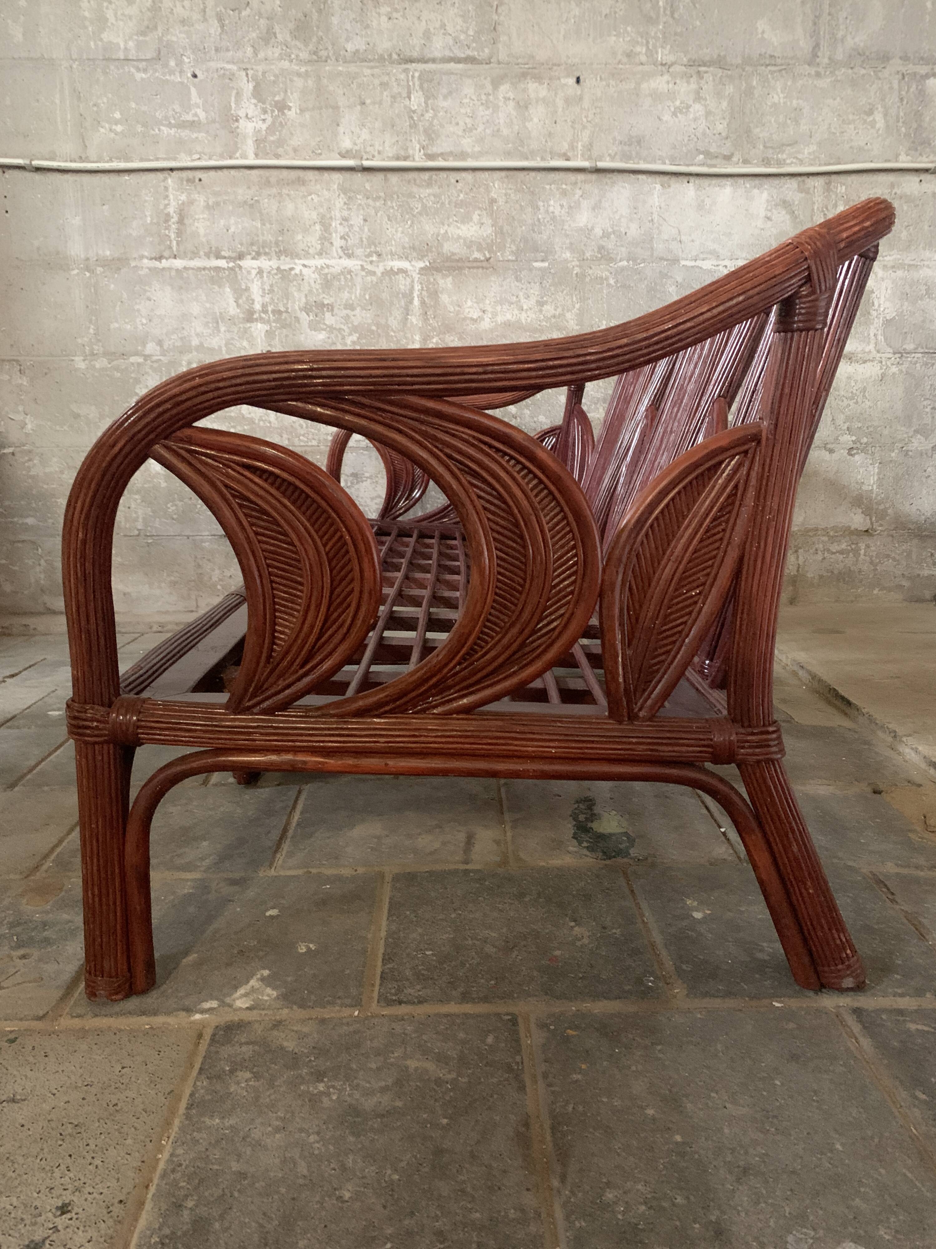 Pencil reed rattan bamboo coastal palm leaf bench sofa, Vivai del Sud 1970s