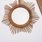 Old sun mirror 49 cm in rattan, star.