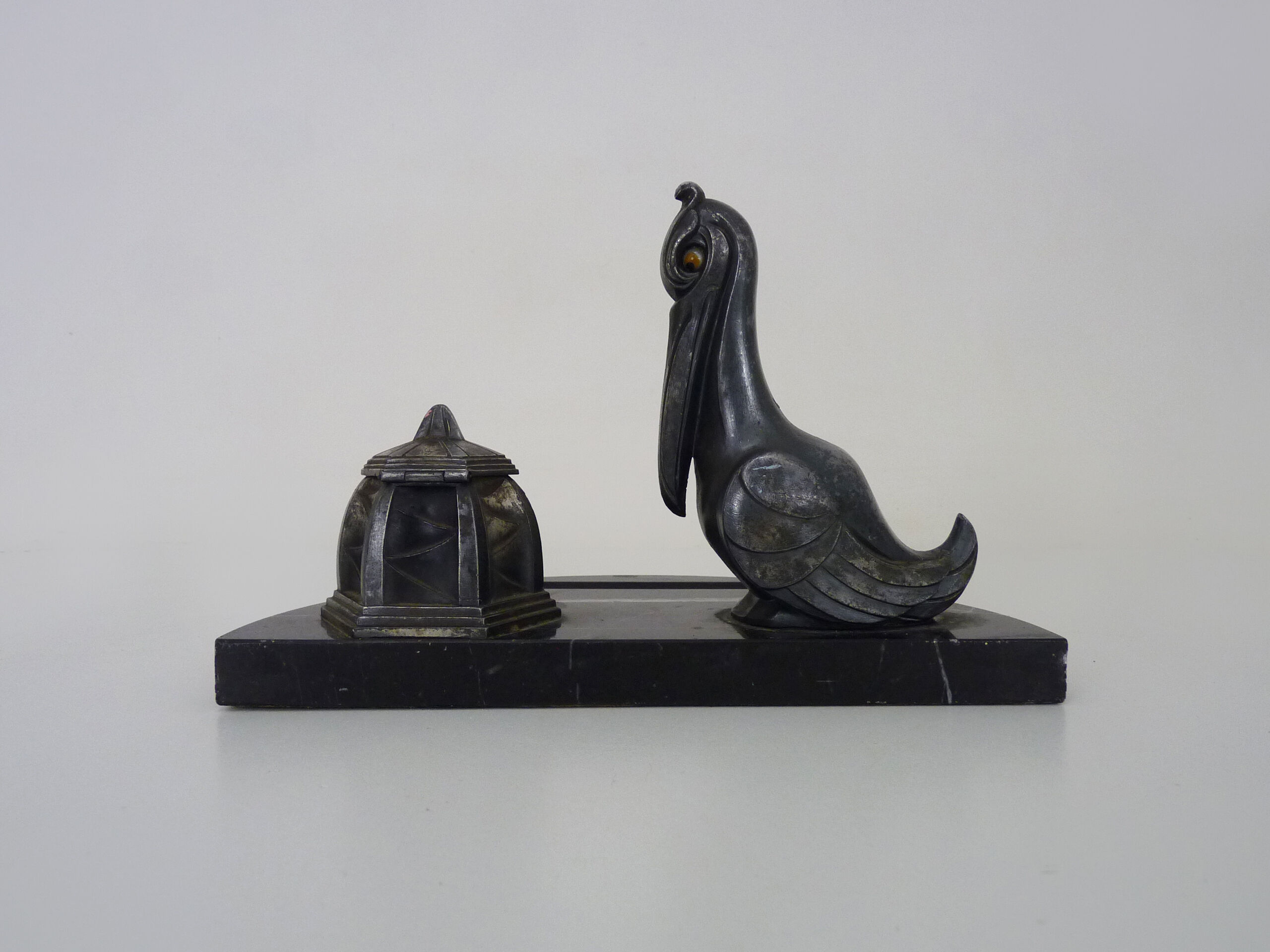 Regulated inkwell and marble signed Franjou pelican art deco