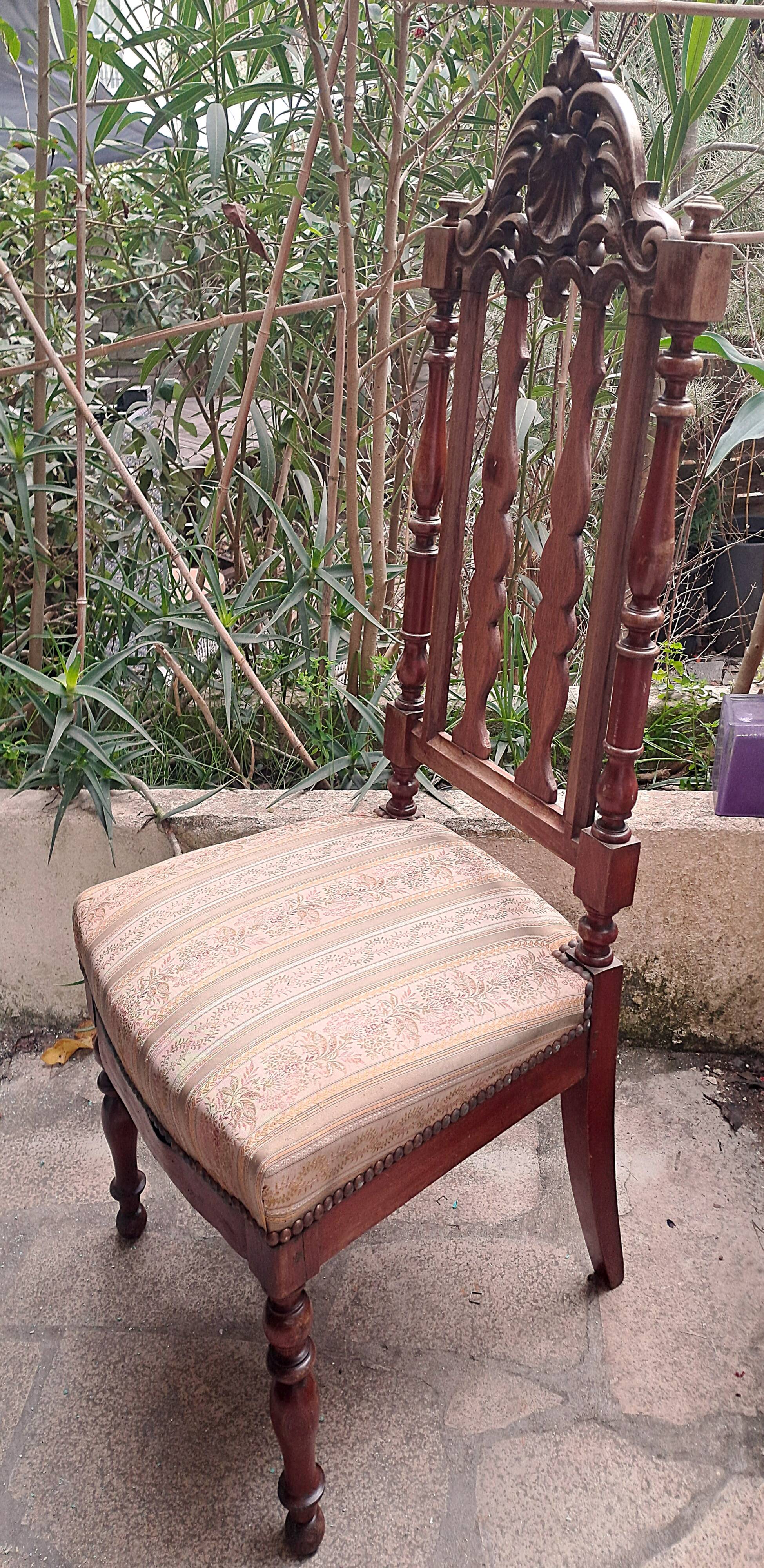 Chaise de Nourrice Napoléon III en  bois foncé vernissé assise tissu rayé 1