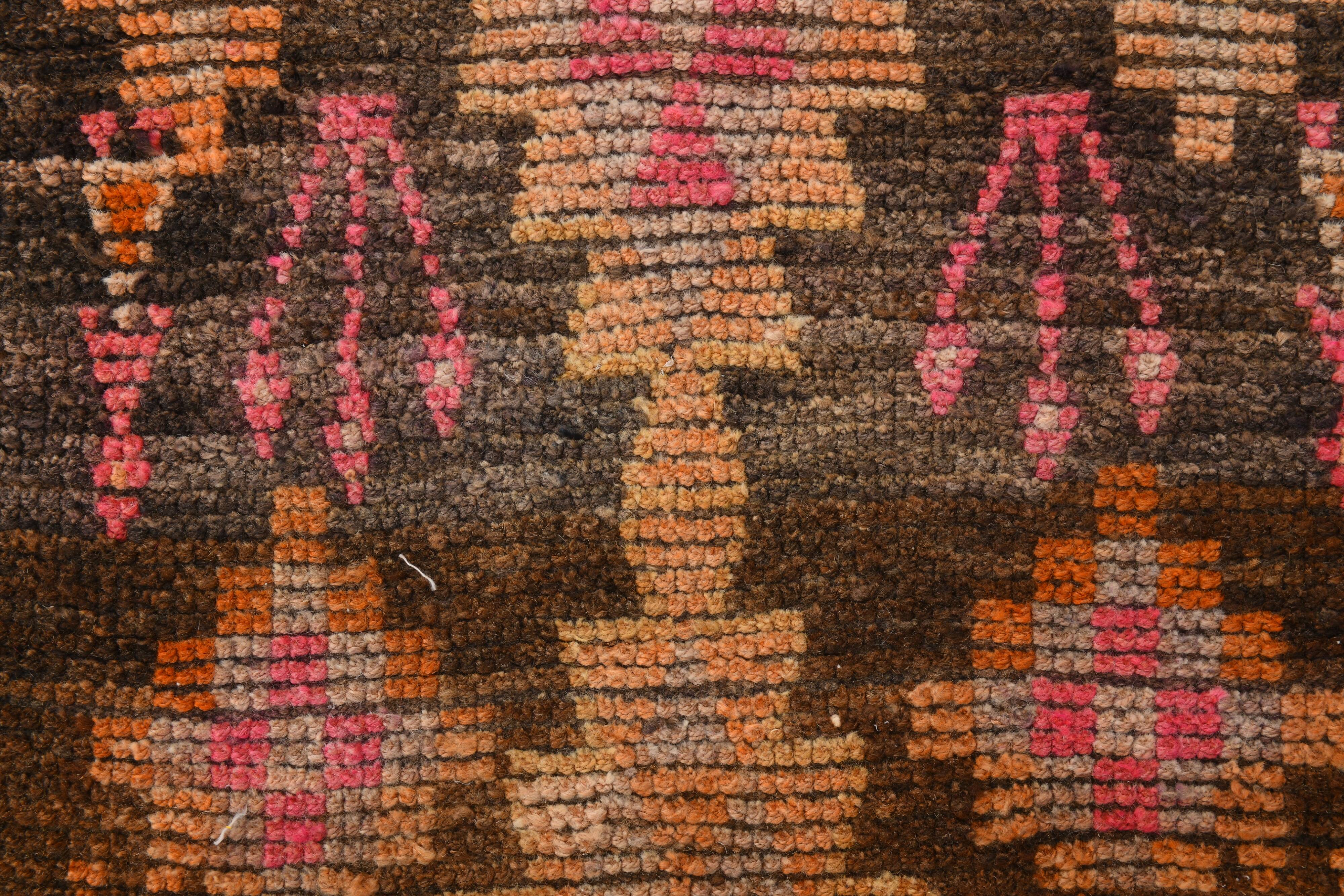3x7 Brown Hot Pink Turkish Vintage Runner Rug, 92x227Cm