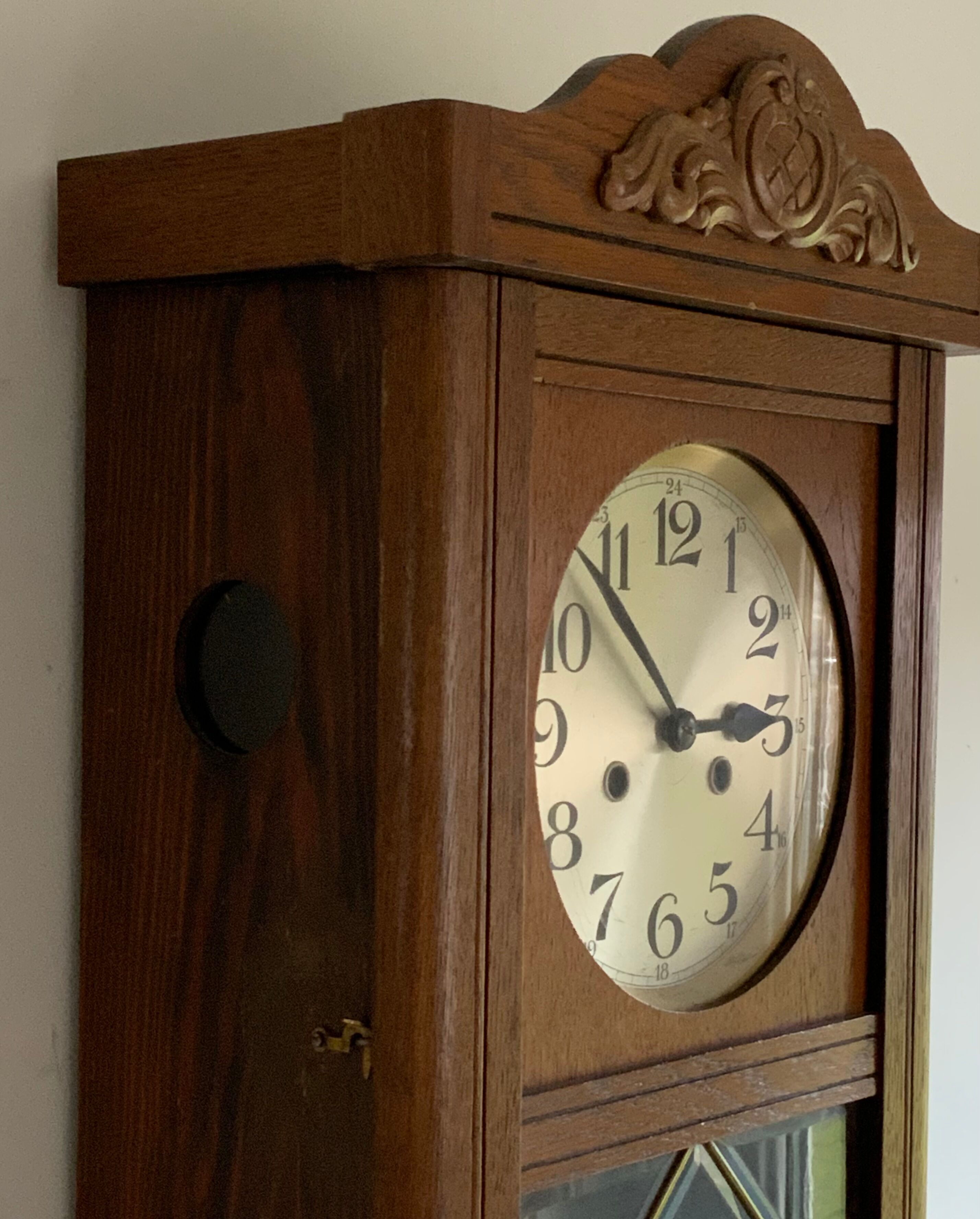 Antique art deco original f.m.s. Mauthe oak wall clock, Germany 1930s