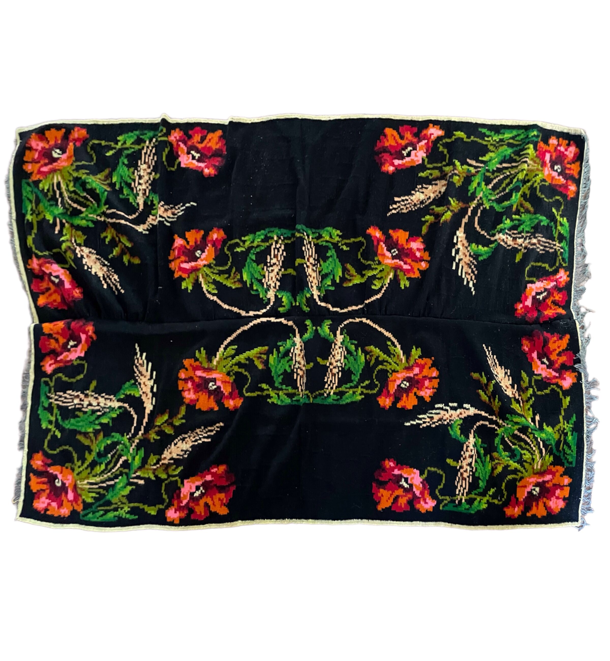 Tapis de laine roumain avec coquelicots et épis de blé, 250x160 cm