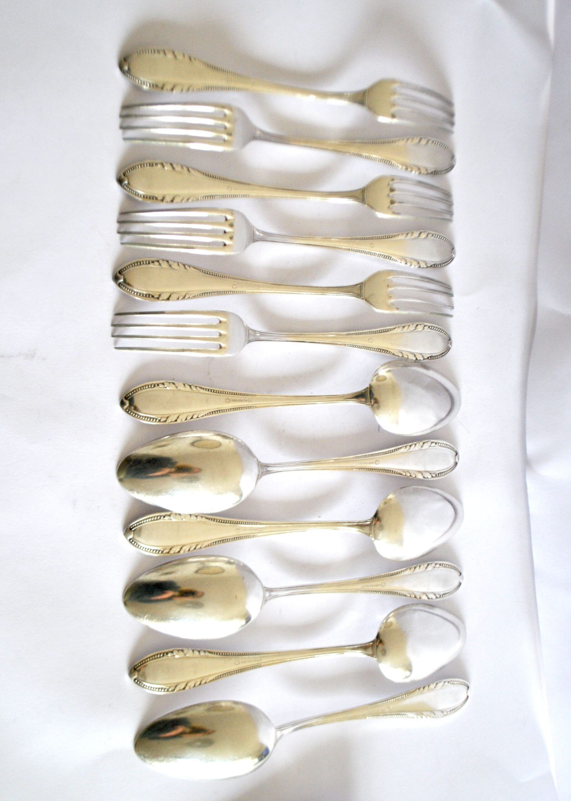 Table cover pearl 6 forks + 6 silver-plated metal spoons German Wellner Silber 21cm