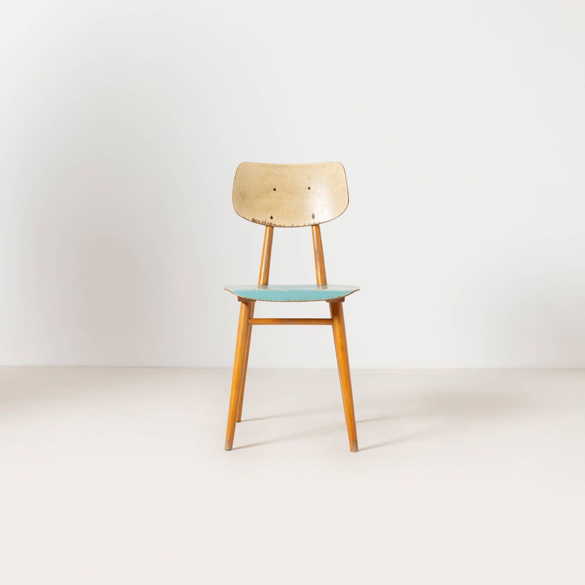 Set of 4 midcentury dining chairs from TON, blue painted plywood, 1960S