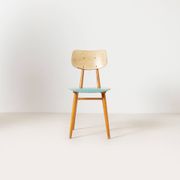 Set of 4 midcentury dining chairs from TON, blue painted plywood, 1960S