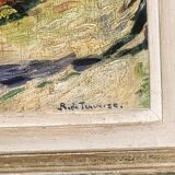 Peinture à l'huile antique représentant un clocher d'église en paysage du XIXe siècle