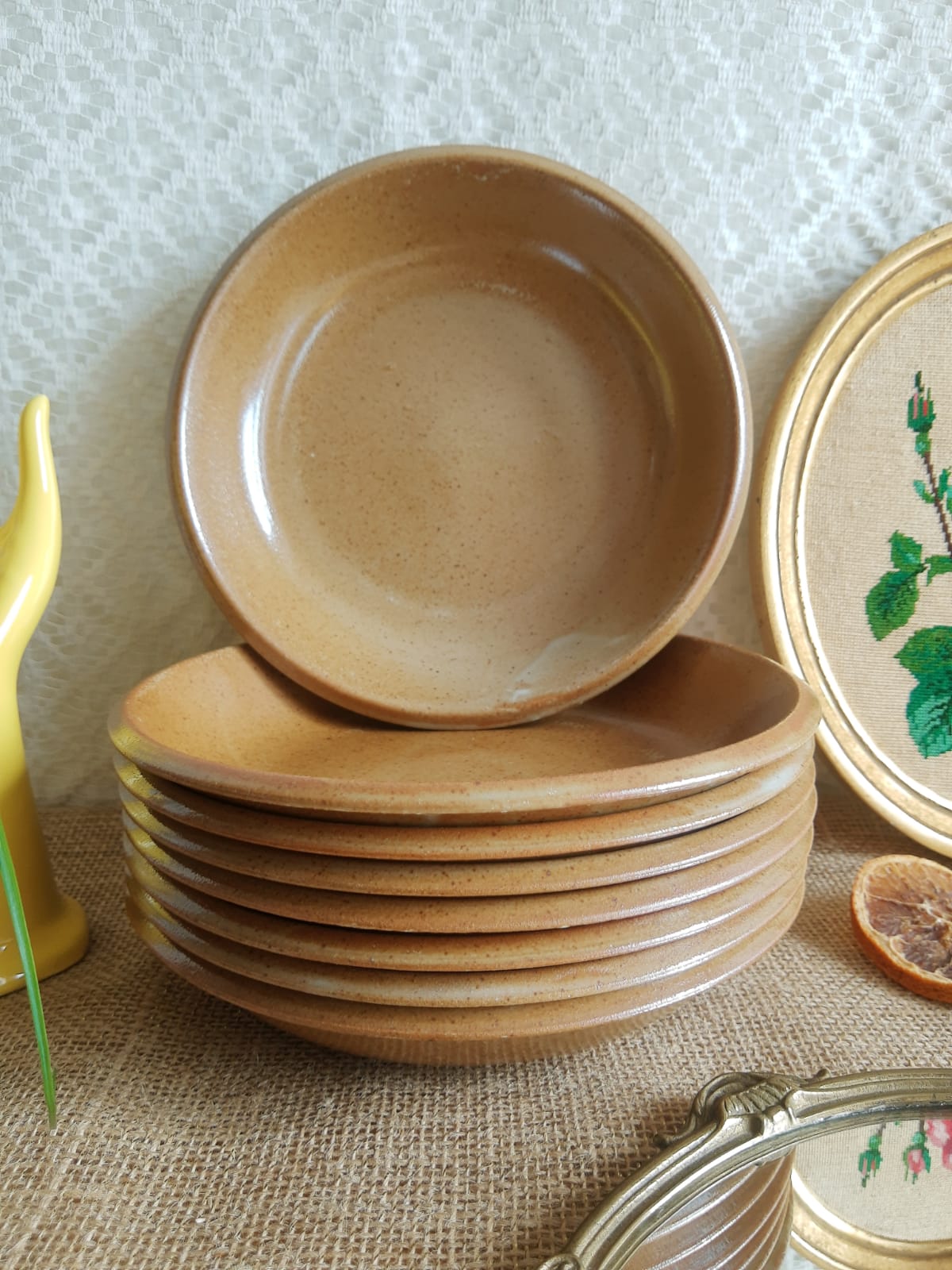 Ensemble de 8 assiettes creuses grès de brenne France vintage