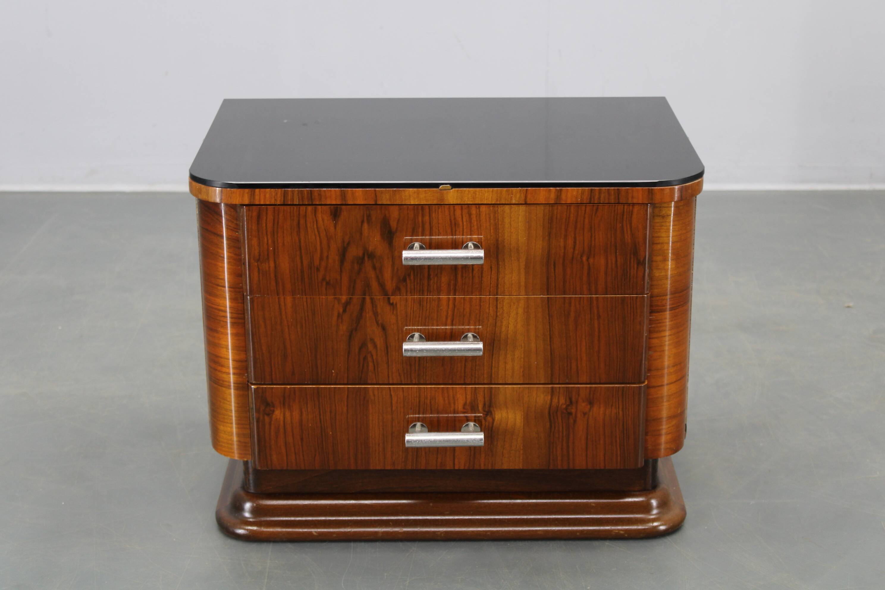 Art Deco walnut nightstand with black opaxite glass, Czechoslovakia 1930s