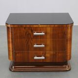 Art Deco walnut nightstand with black opaxite glass, Czechoslovakia 1930s