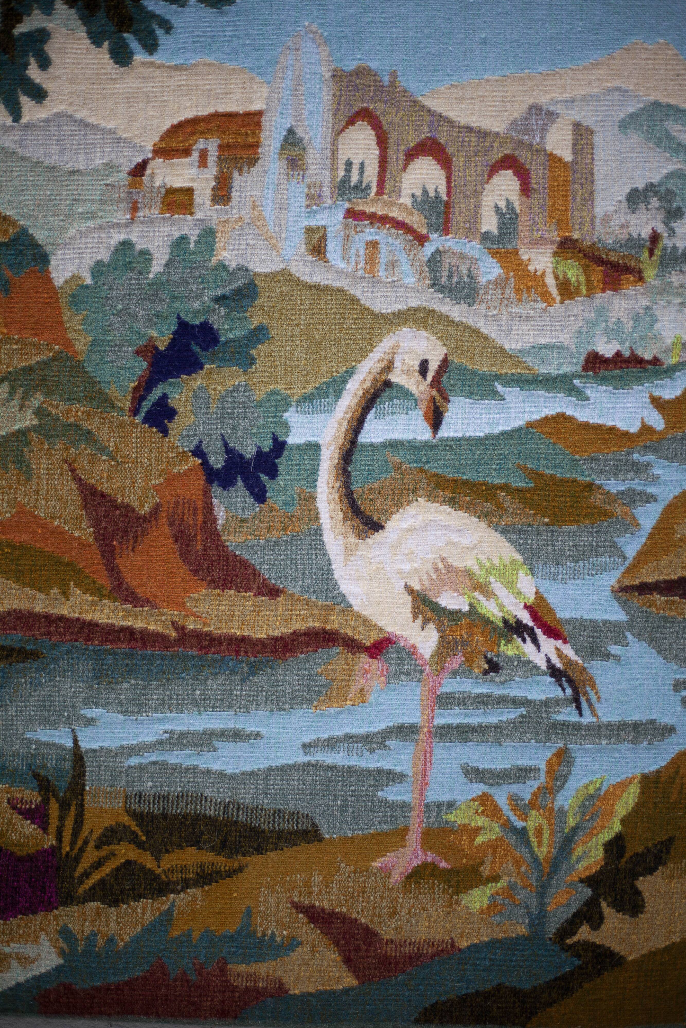 Tapisserie tunisienne tissé à la main 1er choix, paysage avec flamant