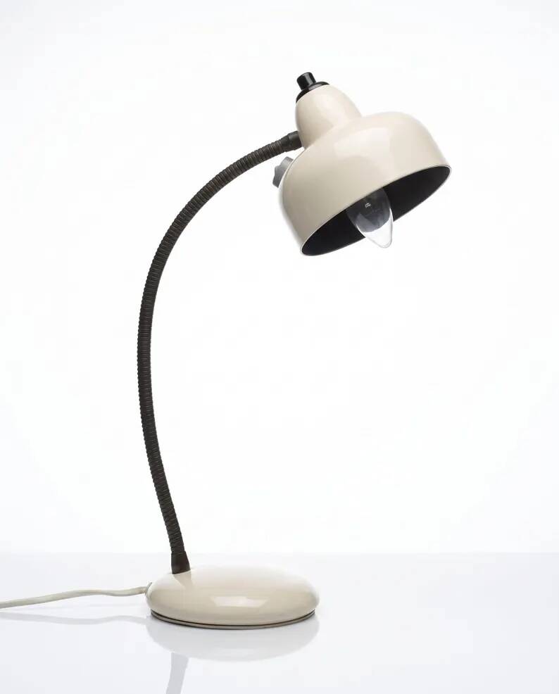 Vintage 1960s Desk Lamp White Metal | Flexible Articulated Swan Neck Light Industrial Mid-Century Design Living Room