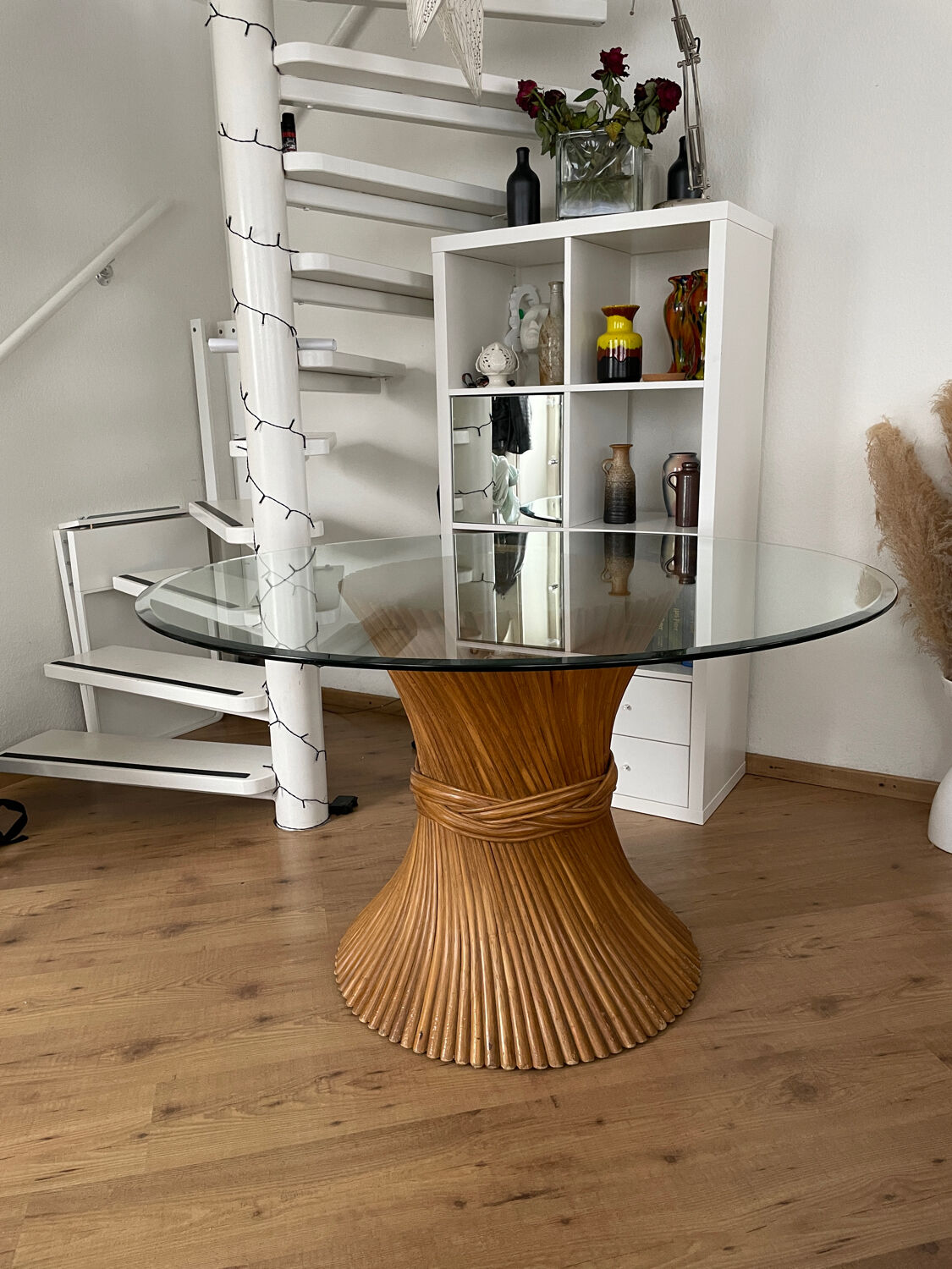 McGuire Bamboo Table – wheat sheaf base, round glass top