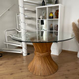 McGuire Bamboo Table – wheat sheaf base, round glass top