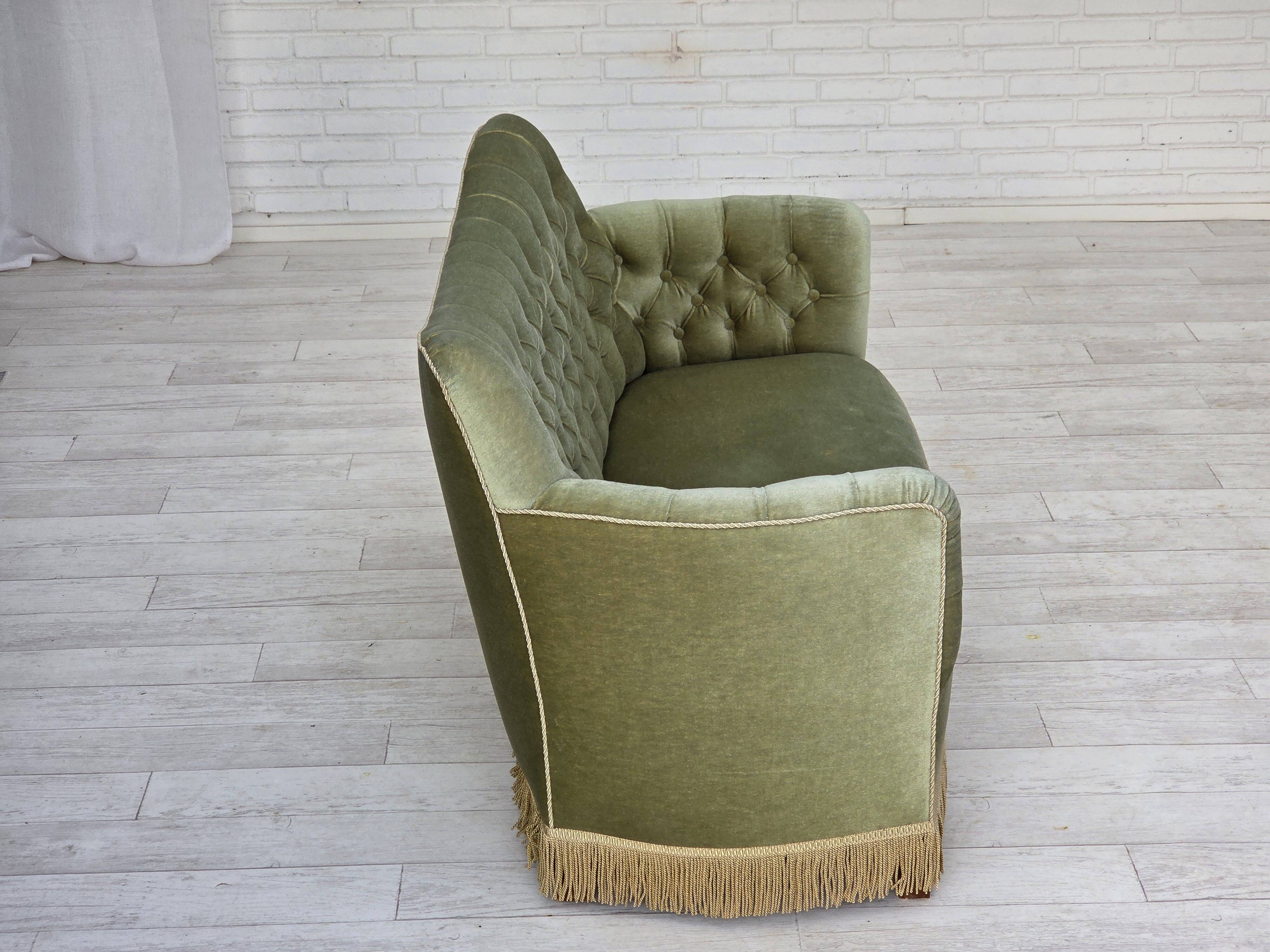 1960s, Danish 2-seater sofa, light green furniture velour, ash wood.