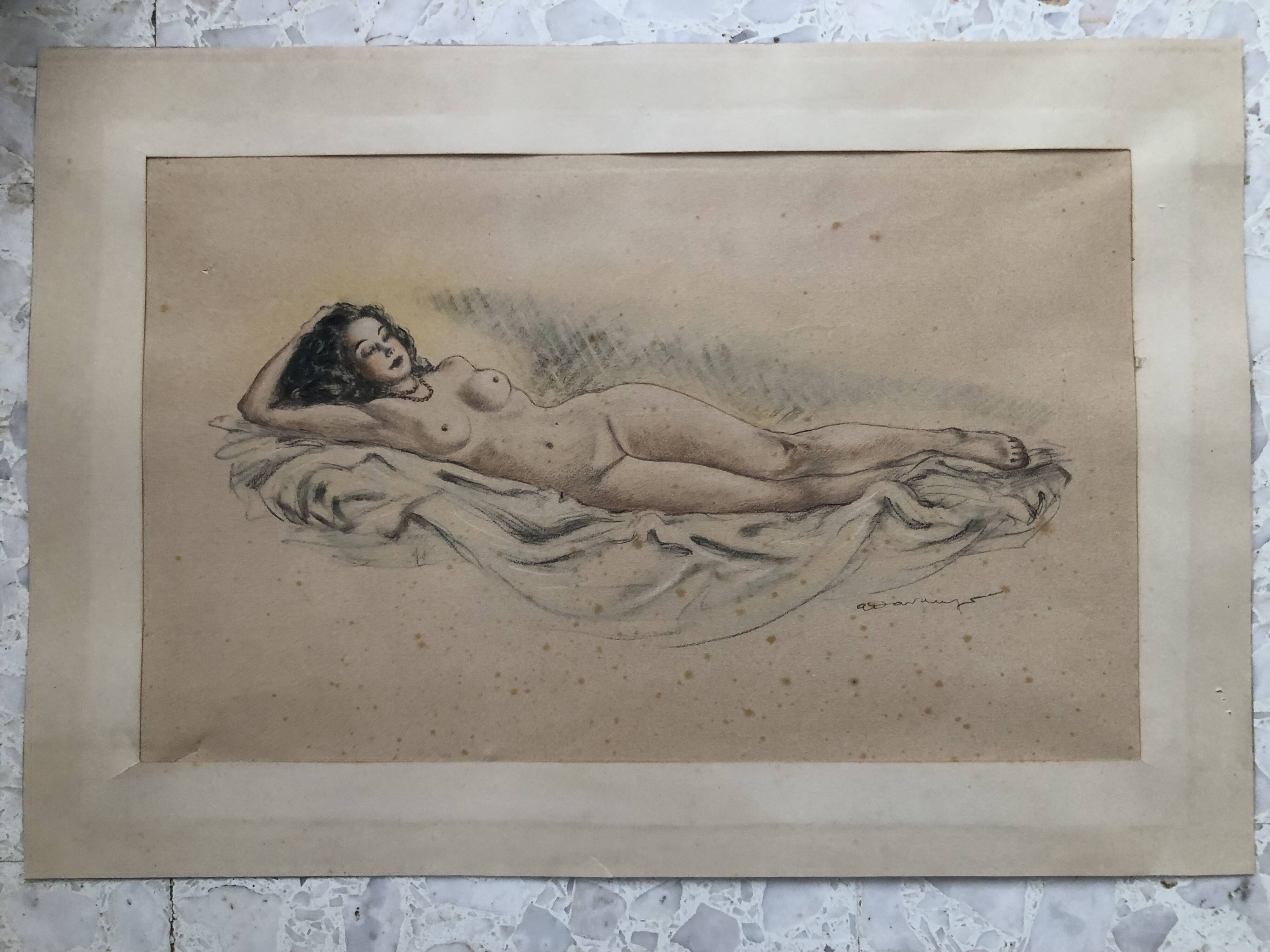 Pencil and pastel drawing xix paper: naked woman lying on a sheet, signed adam (hugo?), fine arts
