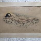 Pencil and pastel drawing xix paper: naked woman lying on a sheet, signed adam (hugo?), fine arts