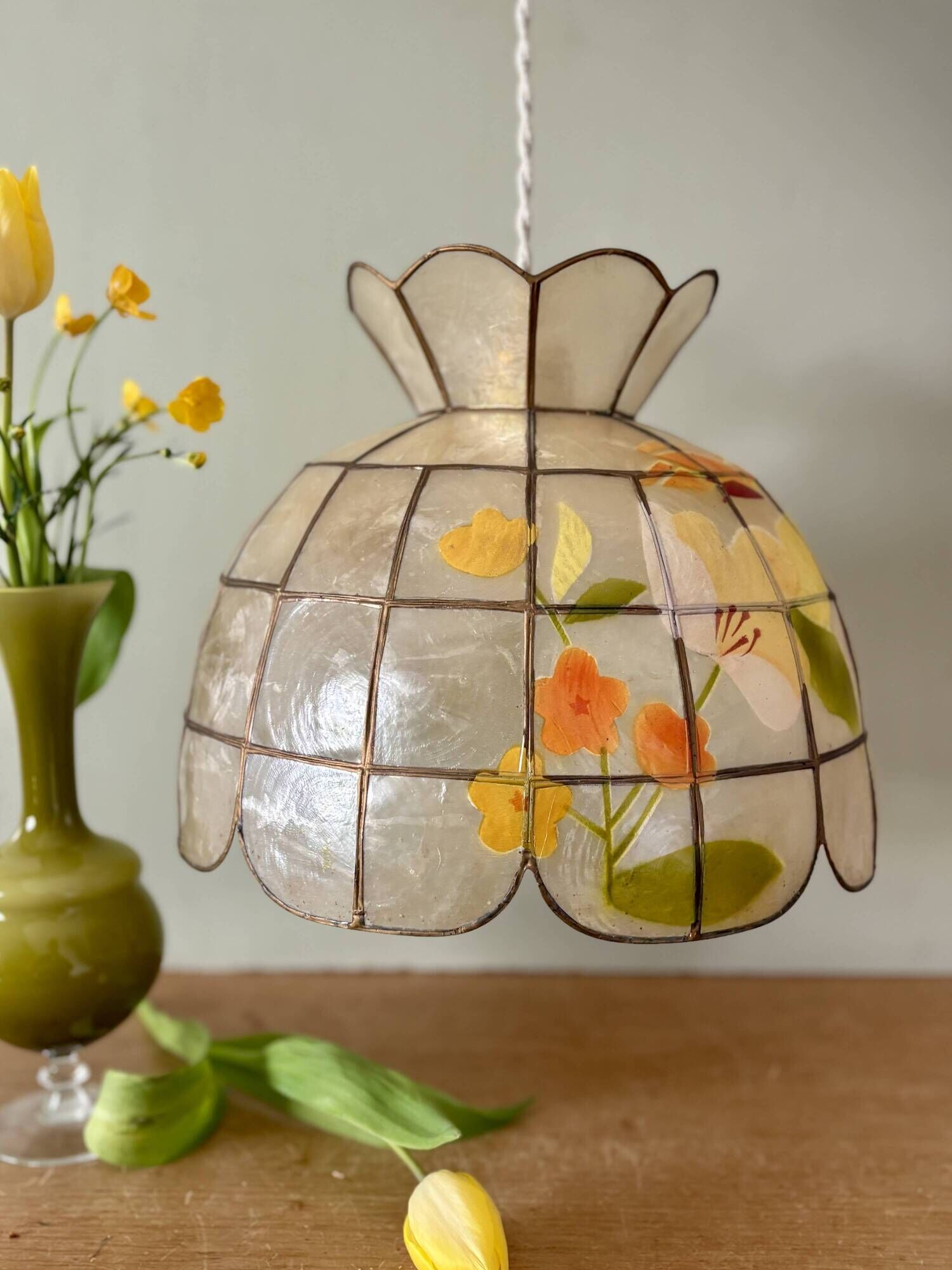 Vintage mother-of-pearl and brass lampshade pendant light with flower decorations
