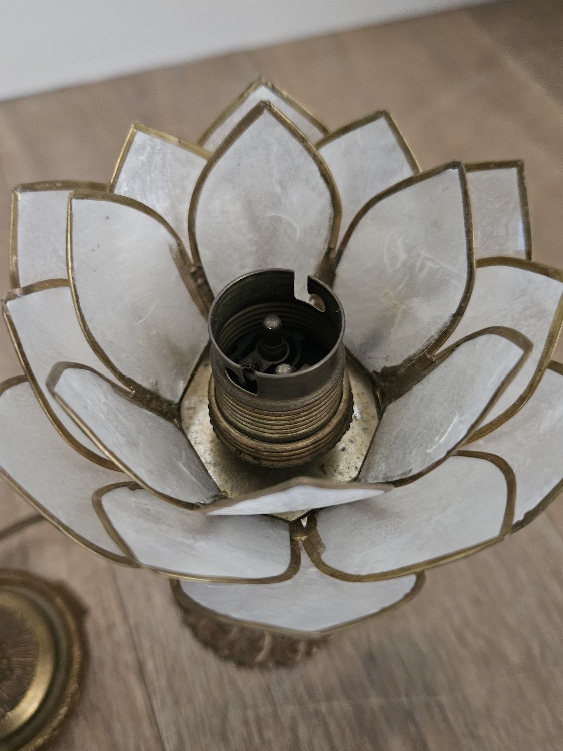 Pair of brass and mother-of-pearl lotus bedside lamps