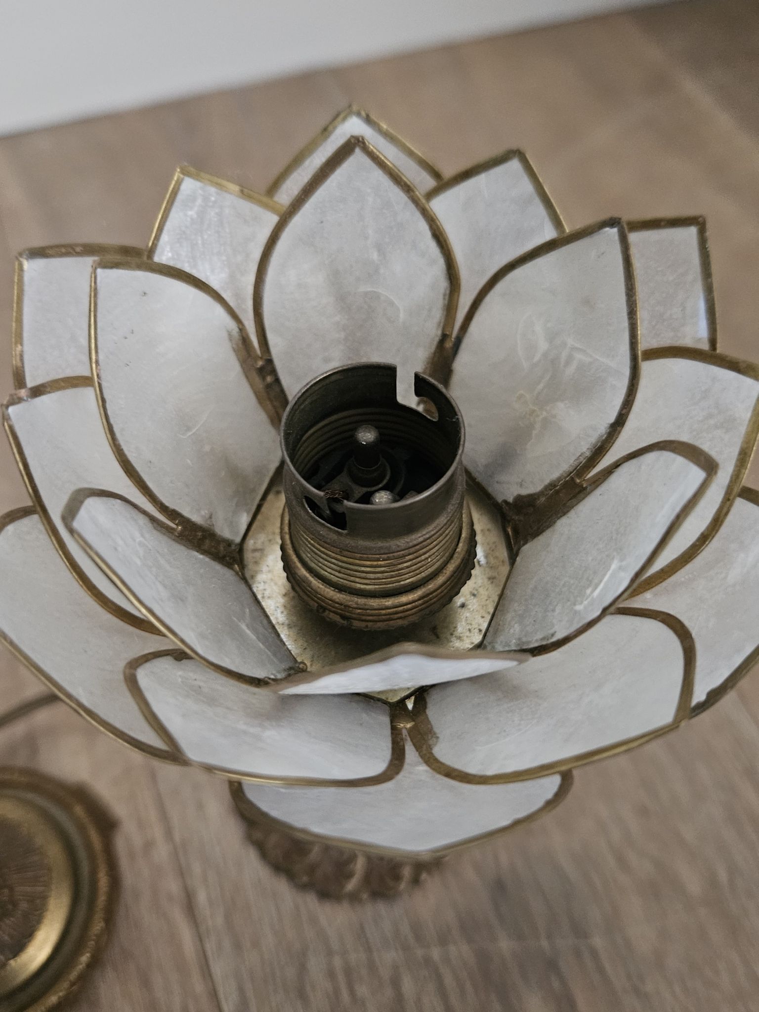 Pair of brass and mother-of-pearl lotus bedside lamps
