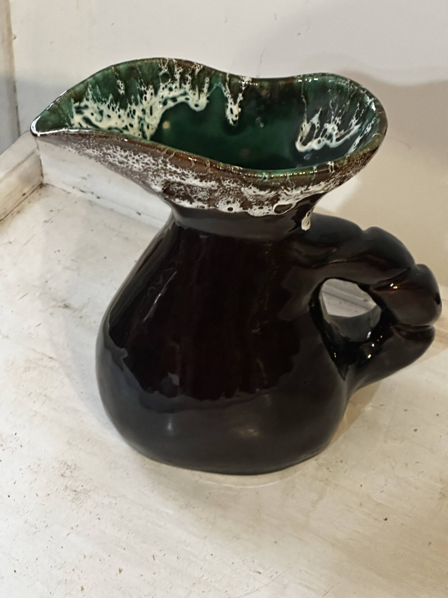Sculptural pitcher Vallauris in glazed ceramic green and brown, France