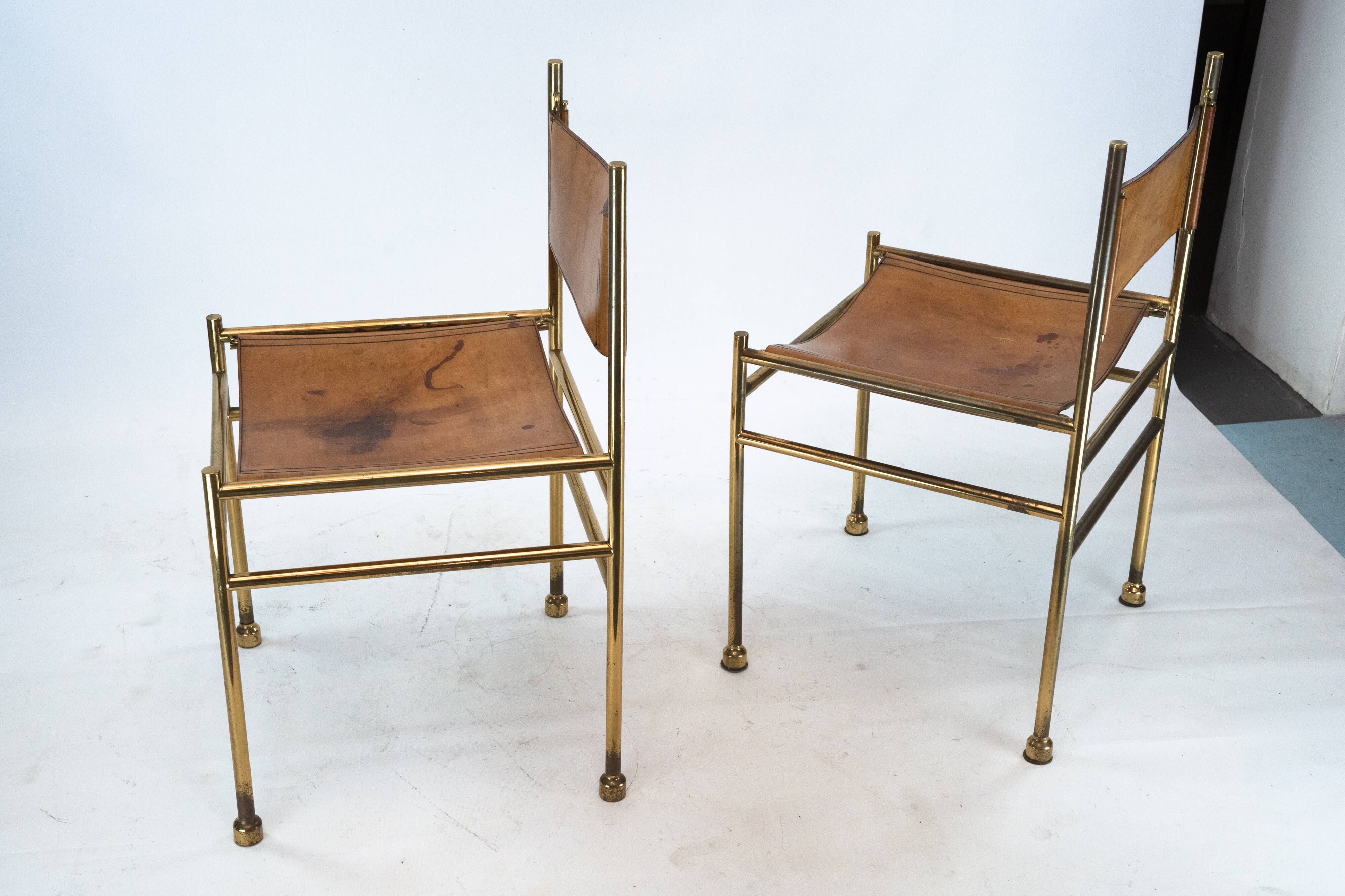 Set of 4 Brass and Leather Chairs by Luciano Frigerio, Italy, 1970s