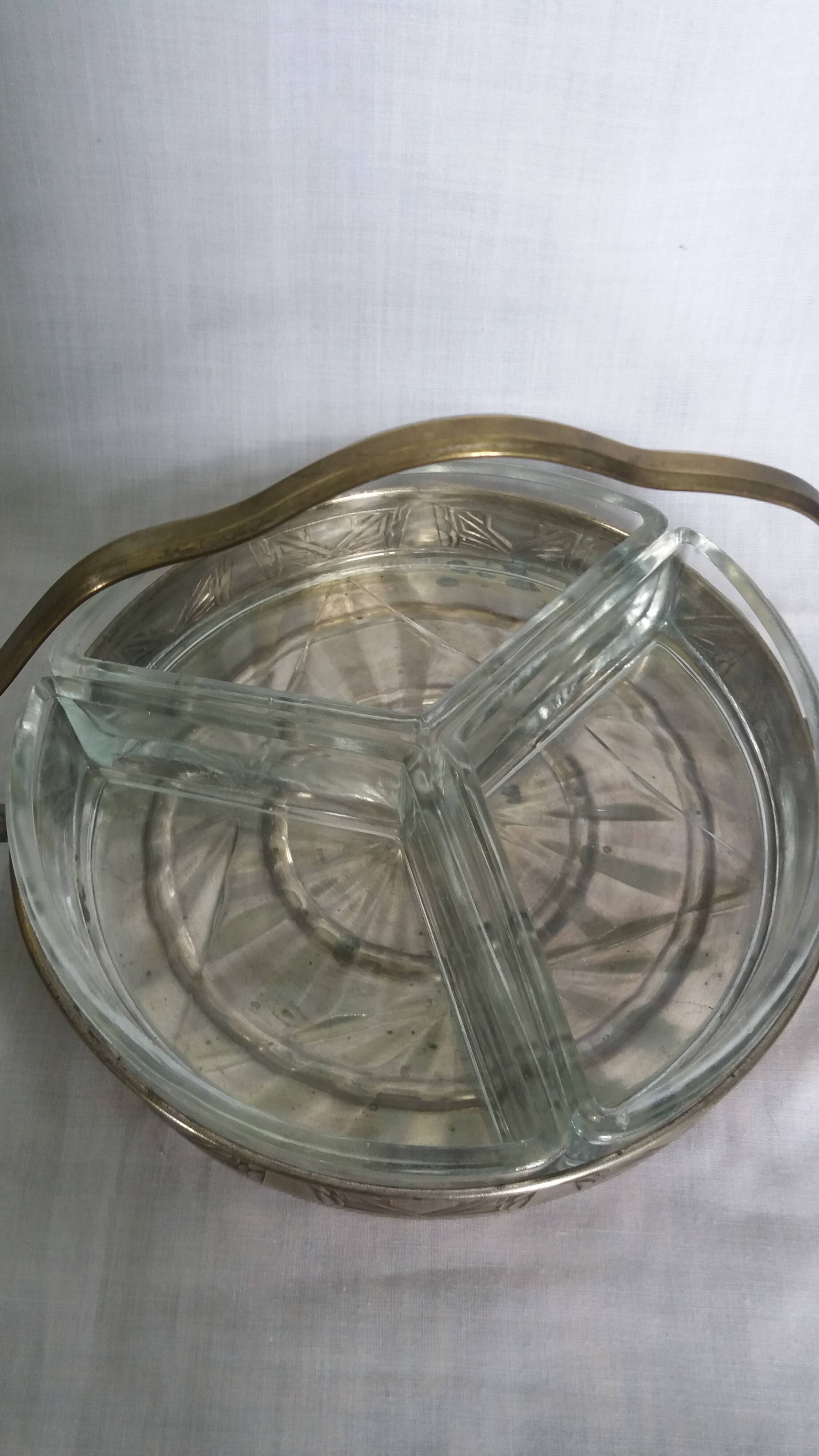 Aperitif platter, metal server and glass ramekins, Art Deco