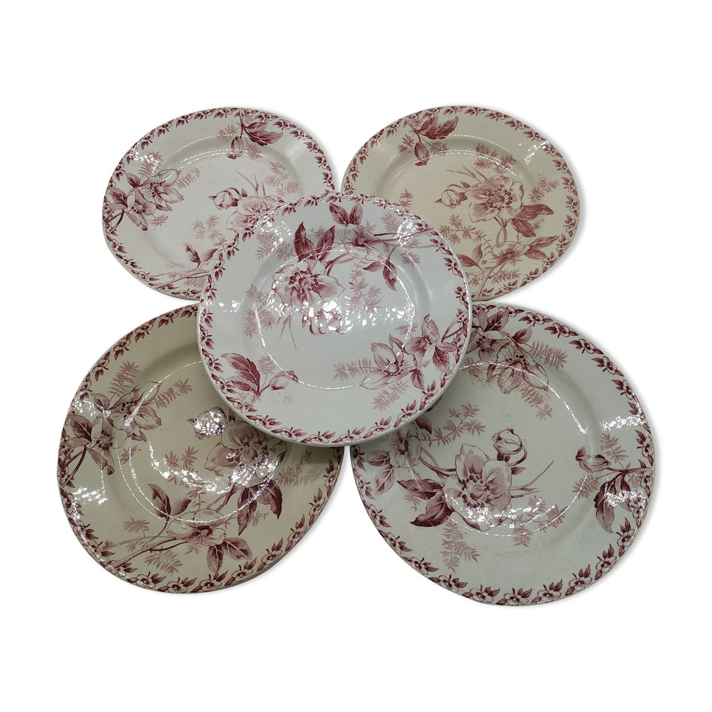 Set of 5 vintage flat plates decorated with pink flowers