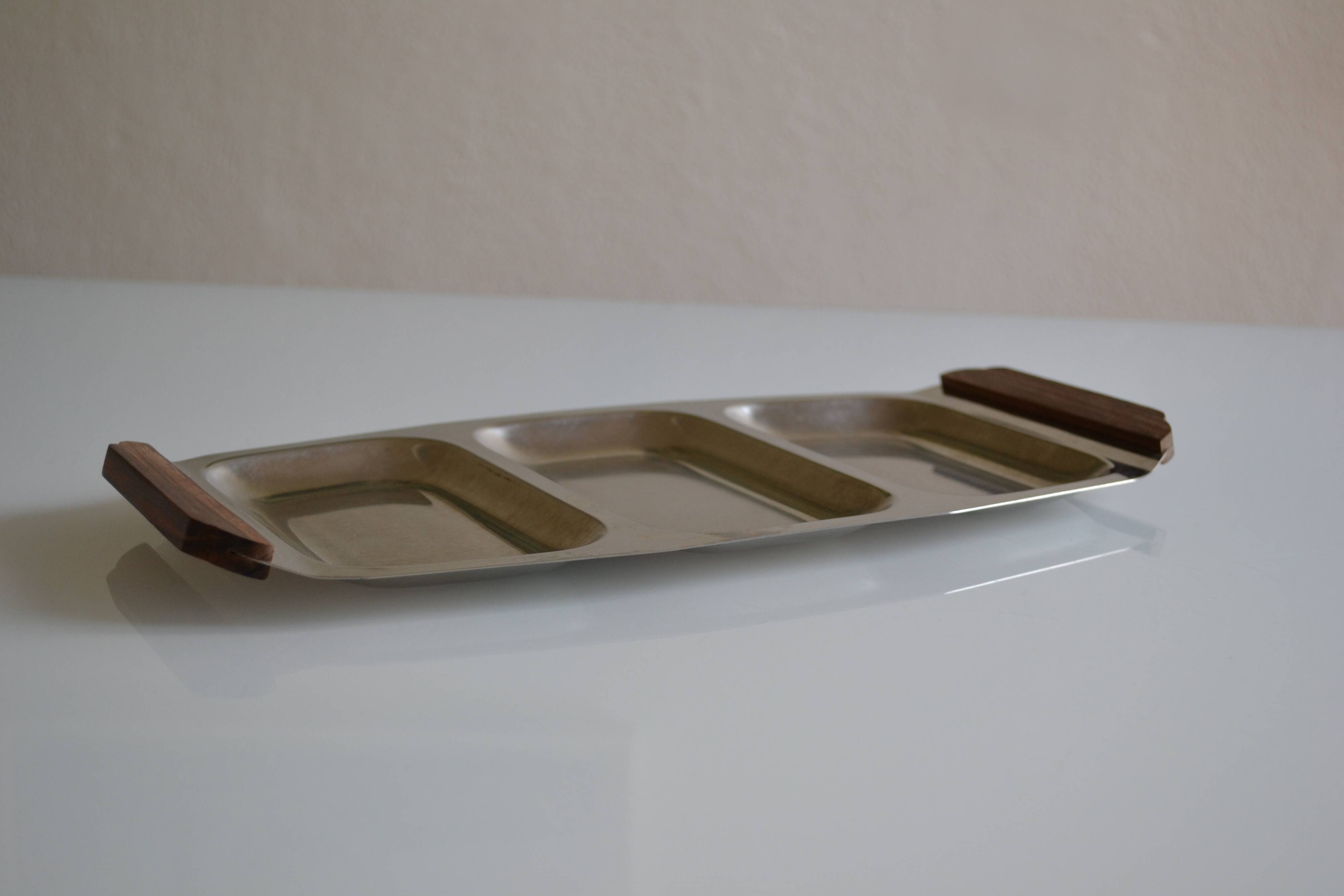 Plat de service vintage inox poignées teck made in Japan
