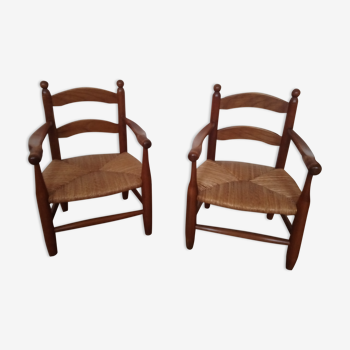2 fauteuils enfant en bois assise paillée