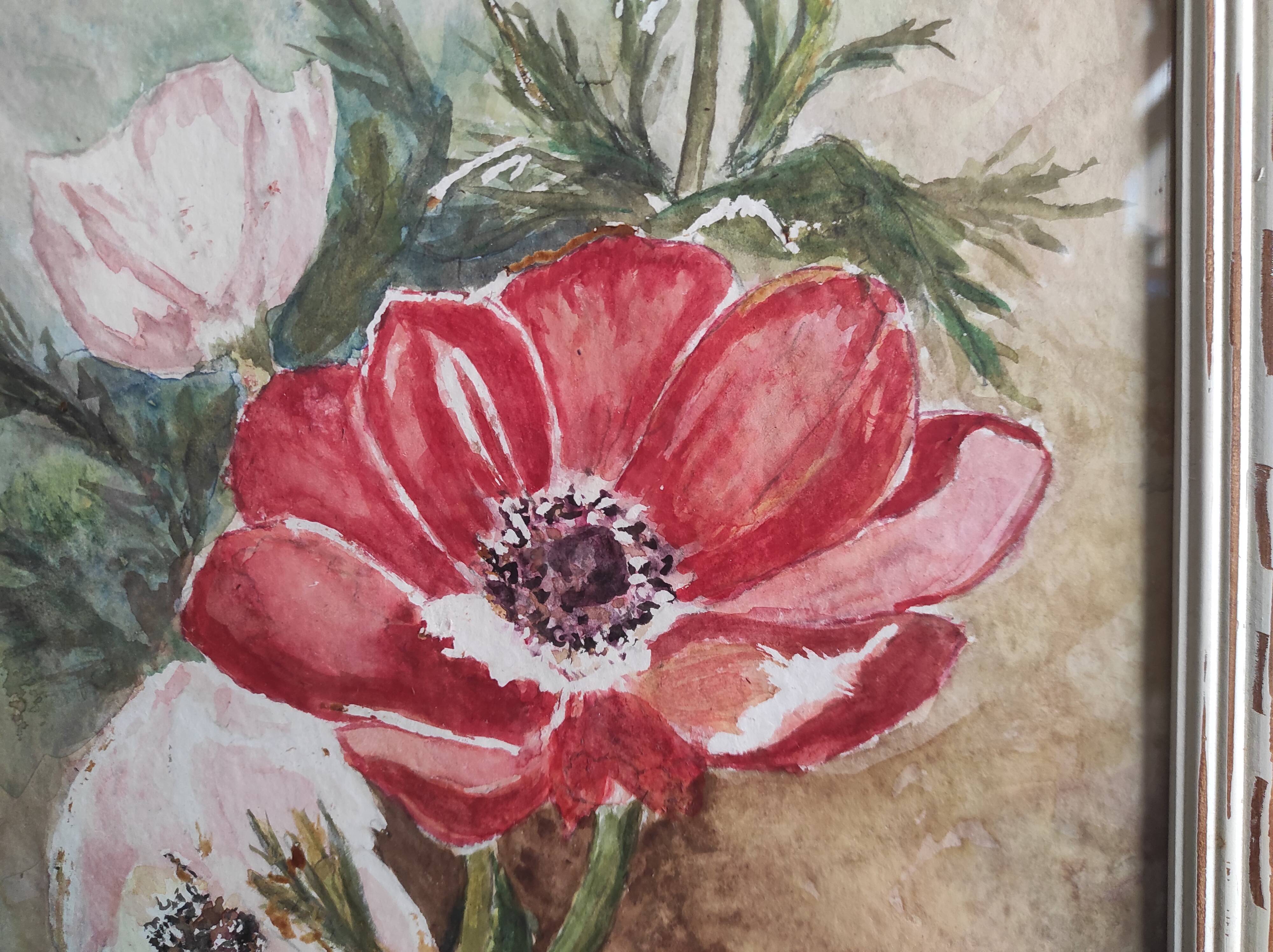 French watercolour of flowers, poppies, signed DR