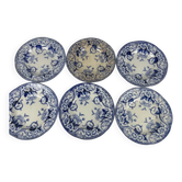 Set de 6 assiettes creuses en terre de fer « Flora » – Creil et Montereau, XIXe siècle, bleu