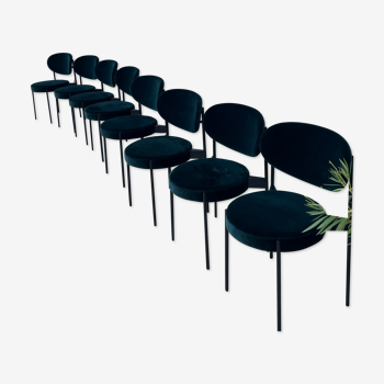 8 chaises Verpan, série 430, velours harald 982 vert foncé, châssis noir, empilables