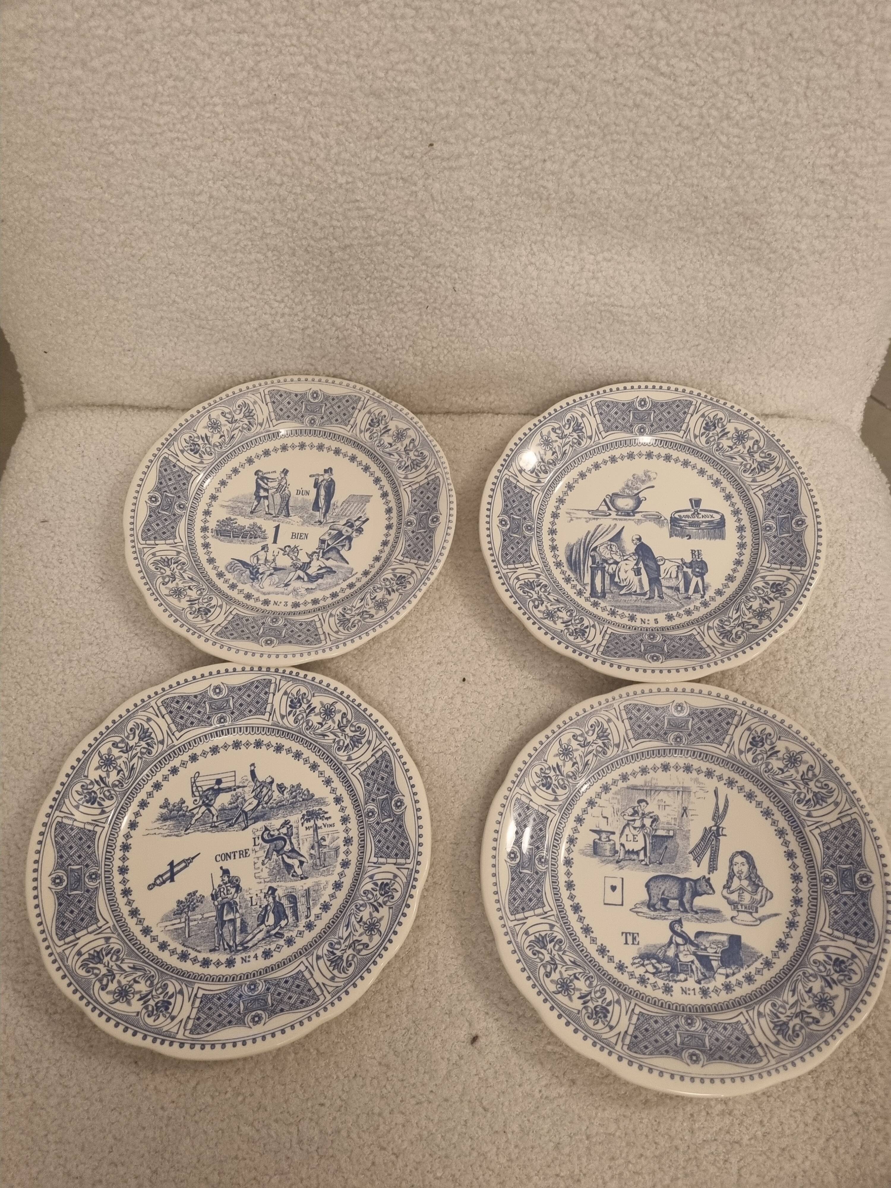 4 old plates talking rebus by factory of Gien