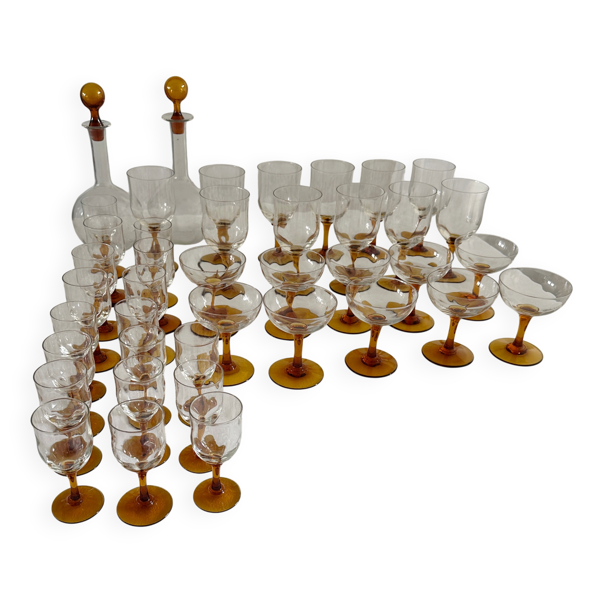 Set of 41 antique glasses with amber stems - water, wine, liqueur, champagne cups.