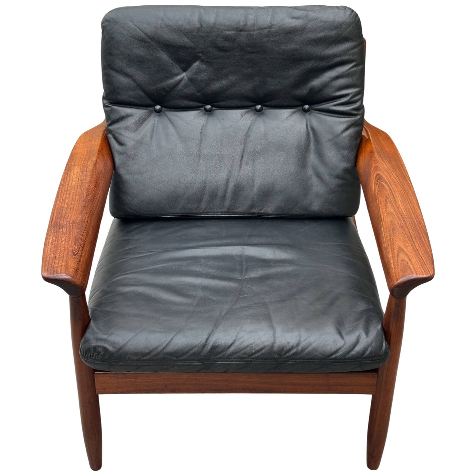 Scandinavian armchair in black leather and teak - 1960s