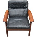 Scandinavian armchair in black leather and teak - 1960s